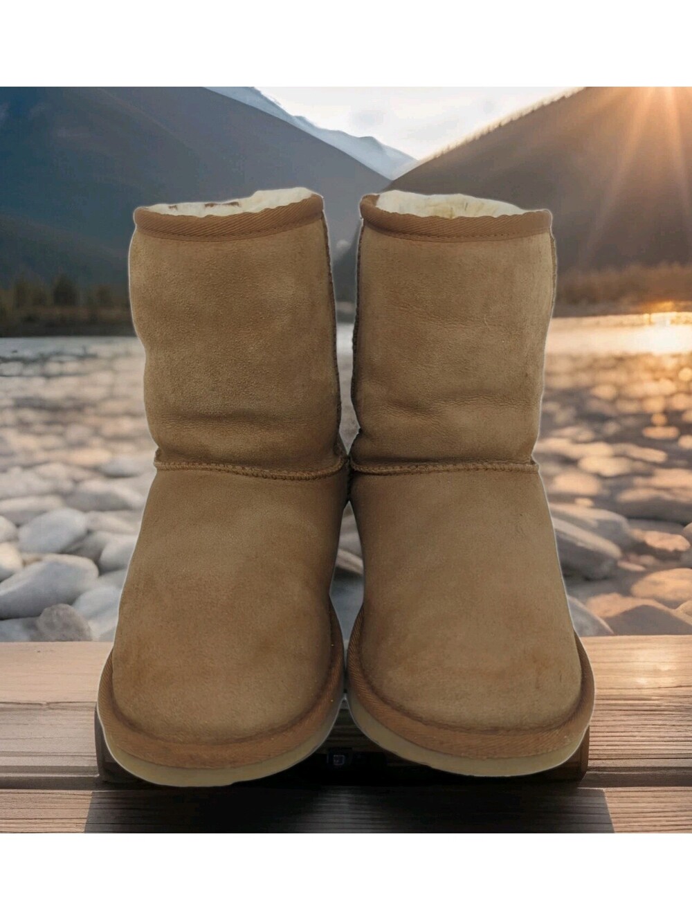 UGG Boots Suede Sheepskin TAN/CHESTNUT Fur Lining Short 5825 Mens 5 Womens 6 37
